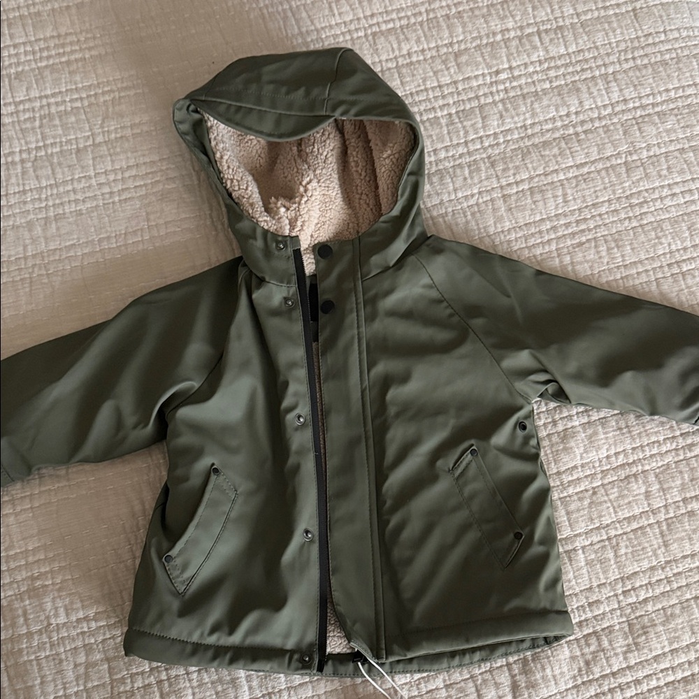 Zara Olive Green Hooded Sherpa-Lined Raincoat
